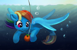 Size: 2000x1300 | Tagged: safe, artist:xbi, rainbow dash, merpony, pony, g4, apple, bait, female, fishing, food, solo, underwater