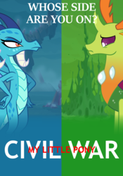 Size: 700x1000 | Tagged: safe, princess ember, thorax, changedling, changeling, dragon, g4, triple threat, captain america, captain america: civil war, crossover, dragoness, female, king thorax, marvel, poster, split screen, title drop