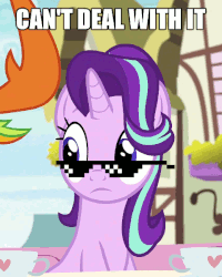 Size: 480x600 | Tagged: safe, edit, screencap, spike, starlight glimmer, thorax, changedling, changeling, dragon, pony, g4, season 7, triple threat, animated, can't deal with it, caption, deal with it, gif, king thorax, meme, solo focus, subverted meme, sunglasses, swag glasses