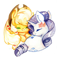 Size: 2000x2000 | Tagged: safe, artist:milarvozmido, applejack, rarity, pony, g4, eyes closed, female, high res, lesbian, prone, ship:rarijack, shipping, simple background, smiling, traditional art, watercolor painting, white background