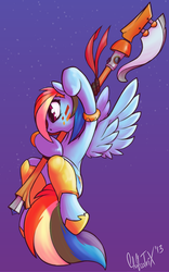 Size: 640x1024 | Tagged: safe, artist:chazcatrix, rainbow dash, pegasus, pony, g4, armor, face paint, flying, halberd, weapon