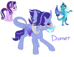 Size: 1554x1200 | Tagged: safe, artist:halfthecat, princess ember, starlight glimmer, dracony, dragon, hybrid, pony, unicorn, g4, blue fire, fire, fire breath, fusion, simple background, smiling, white background