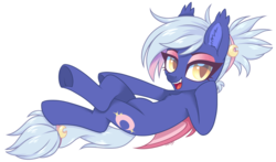 Size: 2138x1255 | Tagged: safe, artist:hawthornss, oc, oc only, oc:moon sugar, bat pony, pony, armpits, bedroom eyes, chest fluff, cute, cute little fangs, ear fluff, eyeshadow, fangs, looking at you, makeup, open mouth, smiling, underhoof