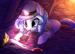 Size: 2700x1950 | Tagged: safe, artist:starshinebeast, oc, oc only, oc:opuscule antiquity, pony, unicorn, bone, brush, clothes, crown, female, hat, helmet, jewelry, light, magic, regalia, solo