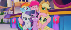 Size: 600x251 | Tagged: safe, screencap, applejack, fluttershy, pinkie pie, rainbow dash, rarity, twilight sparkle, alicorn, pony, g4, my little pony: the movie, female, hug, mane six, twilight sparkle (alicorn)