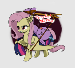 Size: 842x766 | Tagged: safe, artist:twilite-sparkleplz, fluttershy, twilight sparkle, bat pony, pony, g4, bondage, dialogue, eyes closed, female, flutterbat, gray background, hogtied, magic suppression, mare, open mouth, race swap, ropes, simple background, this will not end well, unsexy bondage