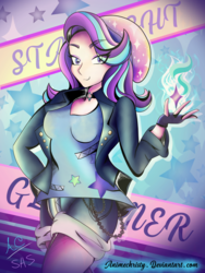 Size: 1024x1365 | Tagged: safe, artist:animechristy, starlight glimmer, equestria girls, equestria girls specials, g4, my little pony equestria girls: mirror magic, alternate clothes, anime, beanie, chains, clothes, cute, cutie mark, female, fingerless gloves, fire, gloves, hat, jacket, looking at you, shorts, solo, stars, wavy mouth