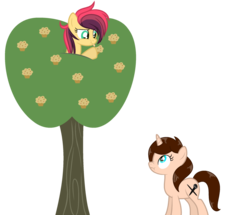 Size: 1024x879 | Tagged: safe, artist:lilygarent, oc, oc only, oc:arrow streak, oc:dede, pony, unicorn, female, food, mare, muffin, scrunchy face, simple background, tongue out, transparent background, tree