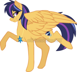 Size: 600x561 | Tagged: safe, artist:traveleraoi, oc, oc only, oc:nova star sparkle, pegasus, pony, base used, colored pupils, concave belly, cutie mark, element of magic, female, jewelry, looking at you, looking sideways, mare, necklace, next generation, offspring, parent:flash sentry, parent:twilight sparkle, parents:flashlight, raised hoof, raised leg, shield, side view, simple background, smiling, solo, transparent background, watermark
