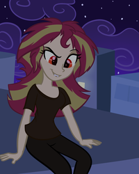 Size: 600x750 | Tagged: dead source, safe, artist:wubcakeva, sunset shimmer, vampire, equestria girls, g4, building, city, clothes, fangs, female, irony, night, pants, red eyes, roof, sitting, solo, stars