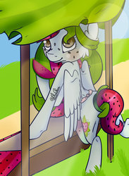 Size: 765x1043 | Tagged: safe, artist:orckyshie, oc, oc only, oc:watermelana, pony, apron, bipedal, clothes, food, freckles, fruit stand, herbivore, looking at you, solo, stall, watermelon