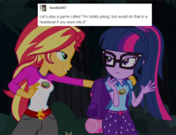 Size: 671x514 | Tagged: safe, edit, edited screencap, screencap, sci-twi, sunset shimmer, twilight sparkle, equestria girls, g4, my little pony equestria girls: legend of everfree, bedroom eyes, cropped, implied lesbian, implied scitwishimmer, implied shipping, implied sunsetsparkle, tumblr, tumblr fandom text posts