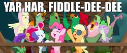 Size: 2048x858 | Tagged: safe, edit, edited screencap, screencap, applejack, boyle, fluttershy, lix spittle, mullet (g4), pinkie pie, rarity, spike, squabble, dragon, earth pony, parrot pirates, pegasus, pony, unicorn, g4, my little pony: the movie, eyepatch, female, hat, lazytown, male, mare, pirate, pirate hat, song reference, you are a pirate