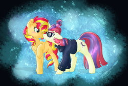 Size: 2784x1884 | Tagged: safe, artist:ruushiicz, moondancer, sunset shimmer, pony, unicorn, g4, clothes, crack shipping, female, glasses, lesbian, looking at each other, mare, ship:moonset, shipping, sweater