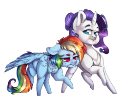 Size: 1300x1100 | Tagged: safe, artist:yuyusunshine, rainbow dash, rarity, pegasus, pony, unicorn, g4, chibi, female, grumpy, mare, multicolored hair, simple background, smiling, tired, transparent background, walking