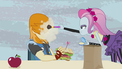 Size: 1280x720 | Tagged: safe, screencap, valhallen, violet blurr, equestria girls, g4, my little pony equestria girls: friendship games, photo finished, apple, background human, clothes, food, makeup, pantyhose, paper bag, sandwich, skirt