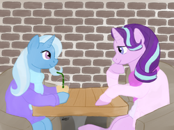 Size: 1024x768 | Tagged: safe, artist:sarcastictrixie, starlight glimmer, trixie, pony, unicorn, g4, cafe, clothes, coffee, duo, female, lesbian, looking at each other, scarf, ship:startrix, shipping, sitting, sweater, table