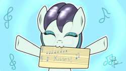 Size: 1024x576 | Tagged: safe, artist:susanzx2000, coloratura, earth pony, pony, g4, :3, eyes closed, eyeshadow, female, filly, kisses, makeup, music notes, rara, rarabetes, sheet music, shiny mane, solo, watermark