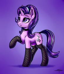 Size: 817x935 | Tagged: safe, artist:setharu, starlight glimmer, pony, unicorn, g4, choker, clothes, collar, cute, female, fishnet stockings, glimmerbetes, mare, pet glimmer, raised hoof, simple background, smiling, solo, stockings, tail wrap, thigh highs