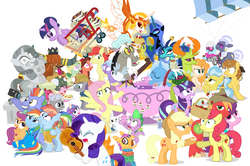 Size: 1182x785 | Tagged: safe, artist:dm29, angel bunny, applejack, big macintosh, bow hothoof, chipcutter, daybreaker, discord, doctor fauna, feather bangs, fluttershy, hoity toity, maud pie, nightmare moon, photo finish, pinkie pie, prince rutherford, princess ember, princess flurry heart, rainbow dash, rarity, scootaloo, spike, starlight glimmer, strawberry sunrise, sugar belle, sweetie belle, thorax, trixie, twilight sparkle, whammy, wild fire, windy whistles, alicorn, changedling, changeling, dragon, earth pony, pegasus, pony, unicorn, a flurry of emotions, a royal problem, all bottled up, celestial advice, discordant harmony, fame and misfortune, fluttershy leans in, forever filly, hard to say anything, honest apple, not asking for trouble, parental glideance, rock solid friendship, the perfect pear, triple threat, alternate hairstyle, anger magic, ballerina, basket, bottled rage, camera, cinnamon nuts, clothes, colt, cup, dragon lord ember, equestrian pink heart of courage, female, filly, food, friendship journal, guitar, heart, heart eyes, helmet, hug, jalapeno red velvet omelette cupcakes, king thorax, kite, magic, male, mare, mini twilight, mining helmet, muffin, pancakes, pineapple, pizza costume, pizza head, rainbow dash's parents, reformed four, shipping, shopping cart, simple background, stallion, statue, stingbush seed pods, straight, strawberry, sugarmac, teacup, that pony sure does love kites, that pony sure does love teacups, the meme continues, the story so far of season 7, this isn't even my final form, tutu, twilarina, twilight sparkle (alicorn), uniform, wall of tags, white background, why i'm creating a gown darling, windyhoof, wingding eyes, wonderbolts uniform