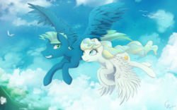 Size: 1920x1200 | Tagged: safe, artist:laptop-pone, sky stinger, vapor trail, bird, pegasus, pony, g4, cloud, female, flying, looking at each other, male, mare, ship:vaporsky, shipping, signature, sky, smiling, spread wings, stallion, straight, wings