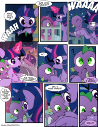 Size: 1275x1650 | Tagged: safe, artist:dsana, spike, twilight sparkle, alicorn, dragon, pony, comic:a moment in time, g4, baby, baby spike, biting, blushing, comic, crying, cute, diaper, dsana is trying to murder us, female, filly, filly twilight sparkle, holding a dragon, magic, mama twilight, nom, self ponidox, spikabetes, time travel, twilight sparkle (alicorn), wing bite, wing noms, younger