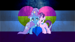 Size: 3000x1685 | Tagged: safe, artist:stjonal, artist:zero4byss, edit, starlight glimmer, trixie, g4, asexual, asexual pride flag, cape, clothes, female, flag, hat, heart, lesbian, lidded eyes, pansexual pride flag, pride, pride flag, ship:startrix, shipping, side hug, trixie's cape, trixie's hat, vector, wallpaper, wallpaper edit