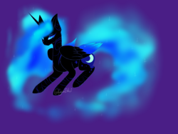 Size: 4000x3000 | Tagged: safe, artist:minelvi, nightmare moon, alicorn, pony, g4, colored wings, ethereal mane, female, high res, missing accessory, multicolored wings, purple background, simple background, solo