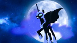Size: 1920x1080 | Tagged: safe, artist:ladynina10, nightmare moon, alicorn, pony, g4, 3d, female, full moon, moon, night, poster, raised hoof, smiling, solo, source filmmaker, spread wings, wings