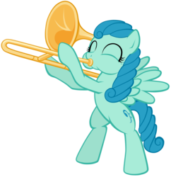 Size: 1024x1057 | Tagged: safe, artist:petraea, oc, oc only, oc:symphony swirl, pegasus, pony, bipedal, female, mare, musical instrument, simple background, solo, transparent background, trombone