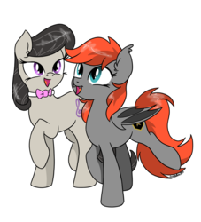 Size: 1862x2048 | Tagged: safe, artist:mercyantebellum, octavia melody, oc, oc:grem, bat pony, pony, g4, bat pony oc, duo, duo female, fangs, female, mare, multicolored hair, open mouth, simple background, smiling, transparent background