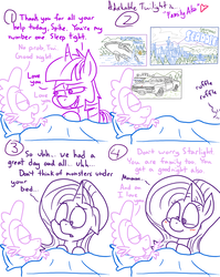 Size: 1280x1611 | Tagged: safe, artist:adorkabletwilightandfriends, spike, starlight glimmer, twilight sparkle, alicorn, dragon, orca, pony, unicorn, comic:adorkable twilight and friends, g4, adorkable twilight, bed, blanket, blushing, car, comic, dialogue, floppy ears, lidded eyes, lineart, looking at each other, pillow, poster, seaddle, slice of life, smiling, twilight sparkle (alicorn), wholesome