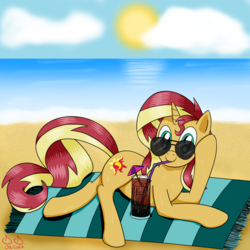 Size: 2362x2362 | Tagged: safe, artist:doppiad-doubled, sunset shimmer, pony, unicorn, g4, beach, female, high res, solo, sunglasses