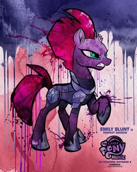 Size: 1500x1875 | Tagged: safe, tempest shadow, g4, my little pony: the movie, official, broken horn, concave belly, emily blunt, female, gritted teeth, horn, movie poster, my little pony logo, paint splatter, poster, raised hoof, slender, solo, thin