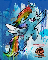 Size: 1500x1875 | Tagged: safe, rainbow dash, pony, g4, my little pony: the movie, official, ashleigh ball, female, movie poster, my little pony logo, paint splatter, poster, solo