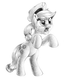 Size: 2248x2460 | Tagged: safe, artist:stallionslaughter, applejack, earth pony, pony, g4, female, high res, mare, monochrome, rearing, screaming, solo, traditional art