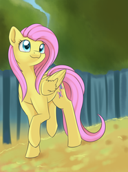 Size: 1147x1538 | Tagged: safe, artist:dusthiel, fluttershy, pegasus, pony, g4, atg 2017, cute, female, folded wings, forest, mare, newbie artist training grounds, raised hoof, shyabetes, smiling, solo, tree, turned head, walking