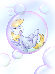 Size: 1200x1600 | Tagged: safe, artist:wolfchen999, derpy hooves, pegasus, pony, g4, :o, bubble, cute, derpabetes, female, floating, in bubble, mare, open mouth, simple background, solo, spread wings, white background, wings