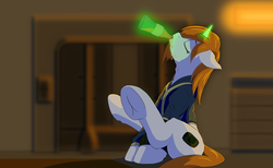 Size: 2400x1480 | Tagged: safe, artist:coreboot, oc, oc only, oc:littlepip, pony, unicorn, fallout equestria, clothes, drink, fanfic, fanfic art, female, glowing horn, horn, jumpsuit, levitation, magic, mare, pipbuck, soda, solo, sparkle cola, telekinesis, underhoof, vault suit