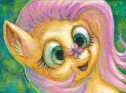 Size: 600x442 | Tagged: safe, artist:drawirm, fluttershy, butterfly, pony, g4, acrylic painting, bust, ear fluff, female, insect on nose, looking at something, open mouth, portrait, smiling, solo, traditional art