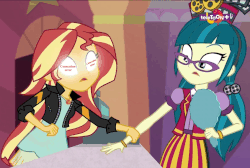 Size: 967x648 | Tagged: safe, edit, edited screencap, screencap, juniper montage, sunset shimmer, equestria girls, equestria girls specials, g4, mirror magic, animated, clothes, female, geode of empathy, gif, glowing eyes, mirror, parody, sunset sees things, teletoon