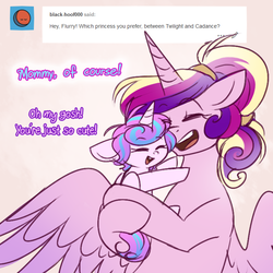 Size: 720x720 | Tagged: safe, artist:cosmalumi, princess cadance, princess flurry heart, alicorn, pony, g4, ask, cute, daaaaaaaaaaaw, dialogue, duo, eyes closed, female, flurrybetes, flurryheart-babbles, hug, mother and daughter, open mouth, ponytail, simple background, smiling, tumblr