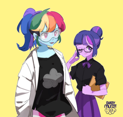 Size: 733x695 | Tagged: safe, artist:dusty-munji, rainbow dash, sci-twi, twilight sparkle, equestria girls, g4, clipboard, clothes, duo, glasses, goggles, lab coat, multicolored hair, one eye closed, safety goggles, shirt, simple background, smiling, wink, yellow background