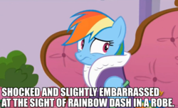 Size: 891x542 | Tagged: safe, edit, edited screencap, screencap, rainbow dash, pony, applejack's "day" off, g4, are you my neighbor, clothes, impact font, robe, text, the hairbrush song, tomboy taming, veggietales