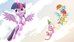 Size: 1920x1080 | Tagged: safe, artist:neondion60, rainbow dash, scootaloo, spike, twilight sparkle, alicorn, dragon, pegasus, pony, g4, 3d, cloud, flying, glowing, glowing horn, holding a pony, horn, looking down, magic, magic aura, scootalove, sky, source filmmaker, telekinesis, twilight sparkle (alicorn)