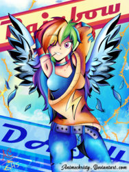 Size: 1024x1365 | Tagged: safe, artist:animechristy, rainbow dash, human, equestria girls, g4, arm behind head, armpits, breasts, clothes, cloud, feather, humanized, jeans, lightning, looking at you, multicolored hair, one eye closed, pants, sky background, smiling, sweater, thunder, winged humanization, wings, wink