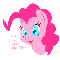 Size: 1016x1017 | Tagged: safe, artist:chromaskunk, artist:trickydick, pinkie pie, earth pony, pony, g4, dialogue, dissonance, dissonant caption, female, out of character, pinkie prick, simple background, solo, transparent background