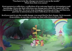 Size: 890x630 | Tagged: safe, edit, edited screencap, screencap, apple bloom, scootaloo, sweetie belle, earth pony, pony, crusaders of the lost mark, g4, cutie mark crusaders, female, filly, foal, meadow, message, ponyville schoolhouse, rainbow, school, sign, tree