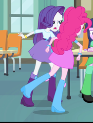 Size: 1536x2048 | Tagged: safe, screencap, pinkie pie, rarity, twilight sparkle, equestria girls, g4, my little pony equestria girls, angry, boots, classroom, incomplete twilight strong, open mouth, raised leg, rear view, shoes