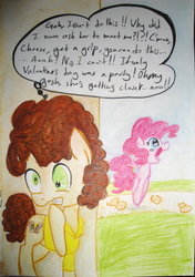 Size: 2508x3572 | Tagged: safe, artist:beetrue, cheese sandwich, pinkie pie, pony, g4, chibi, derp, female, high res, implied cheesepie, implied shipping, implied straight, male, pronking, ship:cheesepie, shipping, straight, traditional art